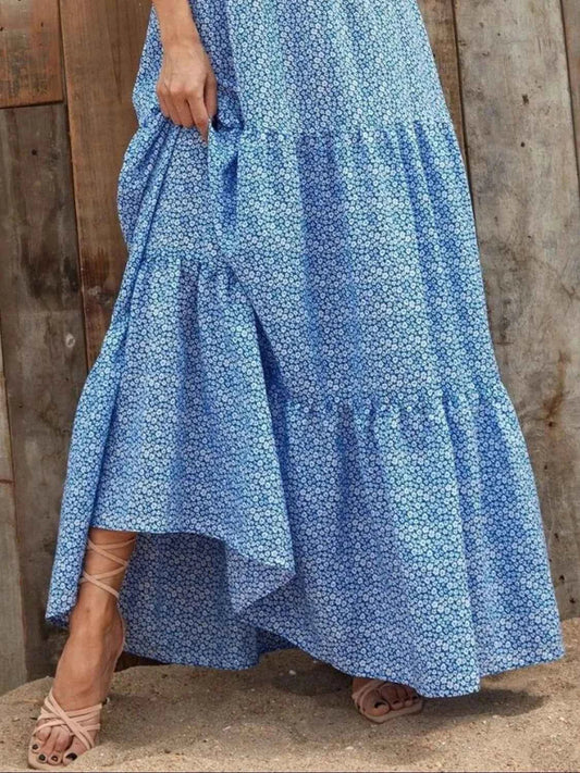 Printed V-Neck Maxi Dress with Ruffle Sleeves