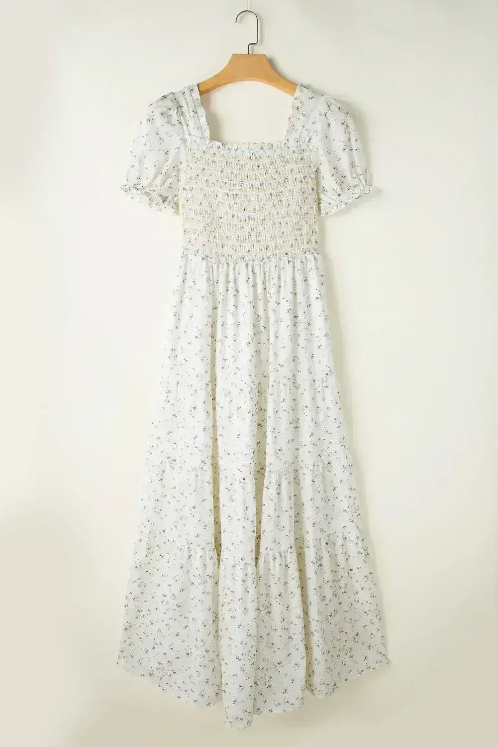 White Frill Neckline Shirred Bodice Floral Maxi Dress