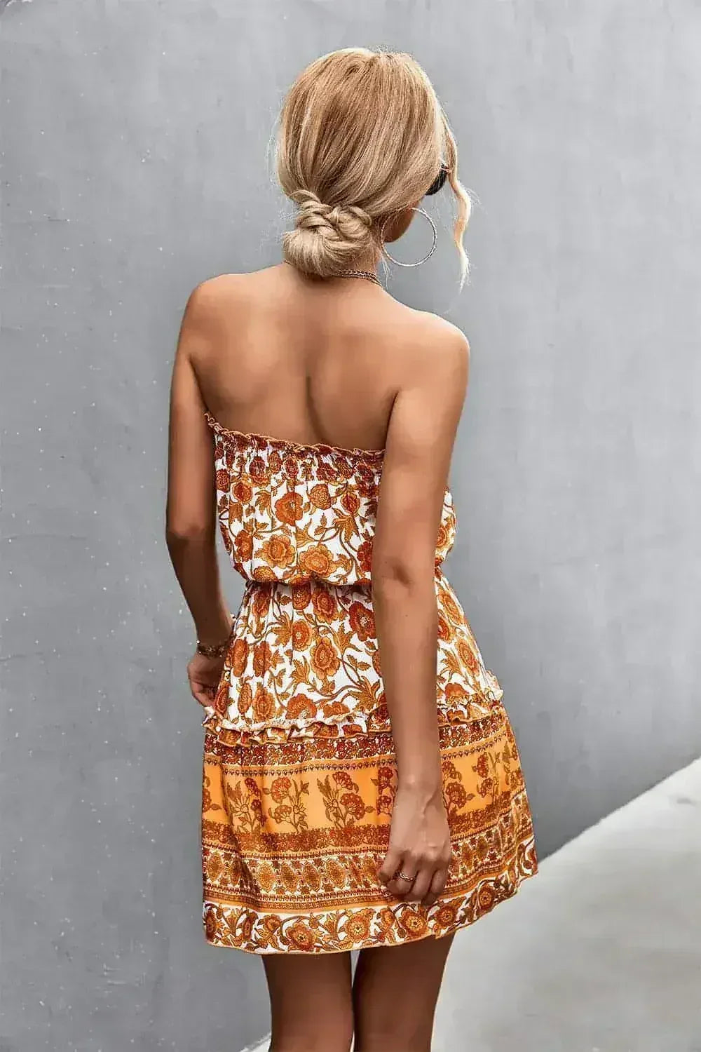 Women's Bohemian Floral Print Strapless Dress Summer Beach Dress