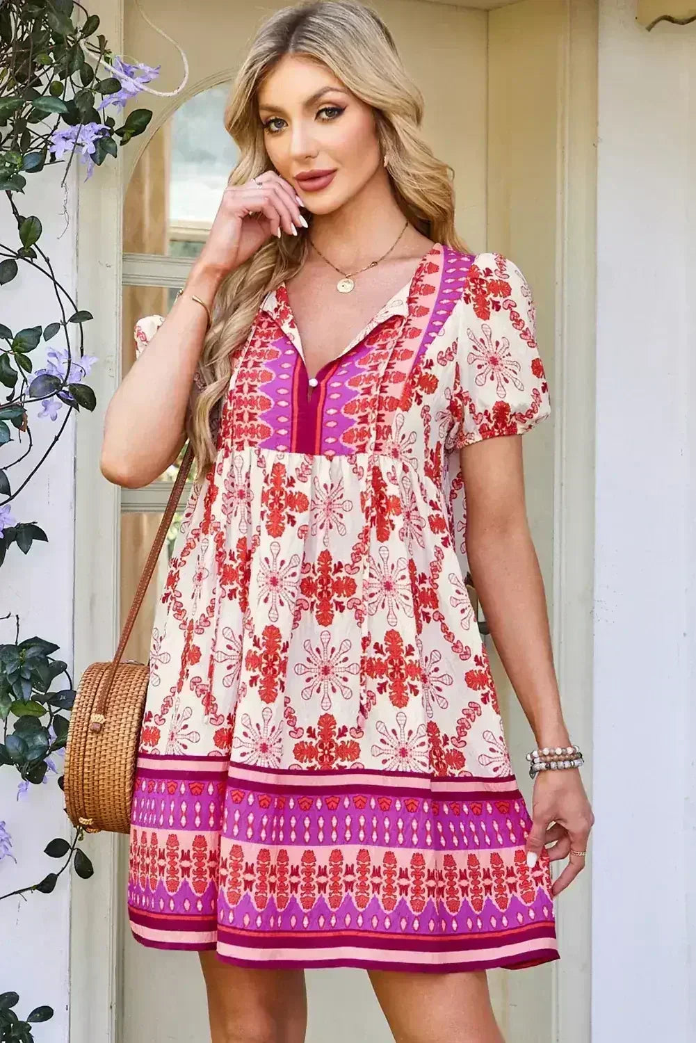 Rose Boho Floral Short Sleeve Tie V Neck Mini Dress