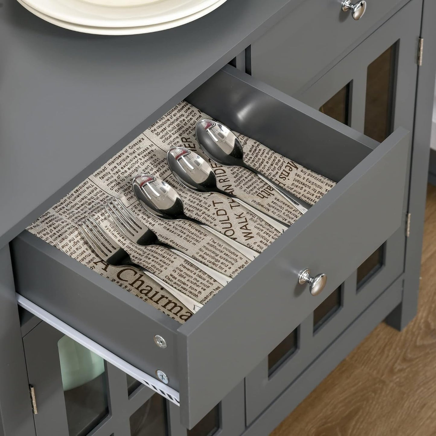 Gray Glass Door Kitchen Cabinet with Drawers | Home Decor | Kitchen + Metal
