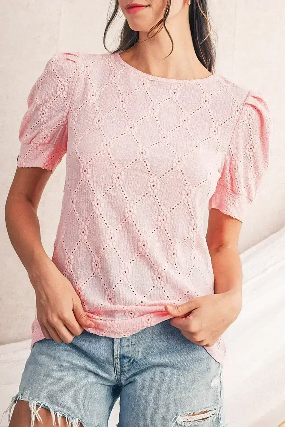 White Embroidered Floral Geometric Button Short Sleeve Top | Femstylo