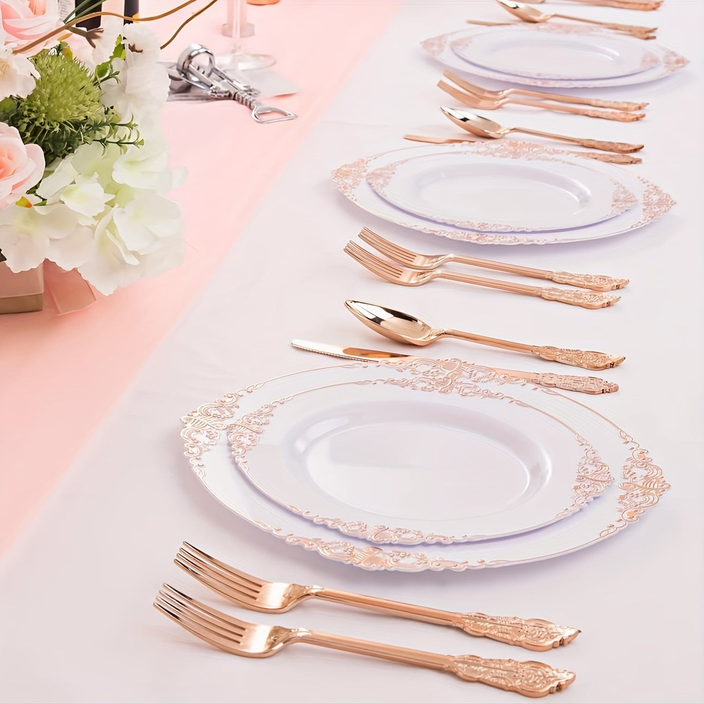 Elegant Gold Rim Plastic Dinnerware Set 50pcs Reusable