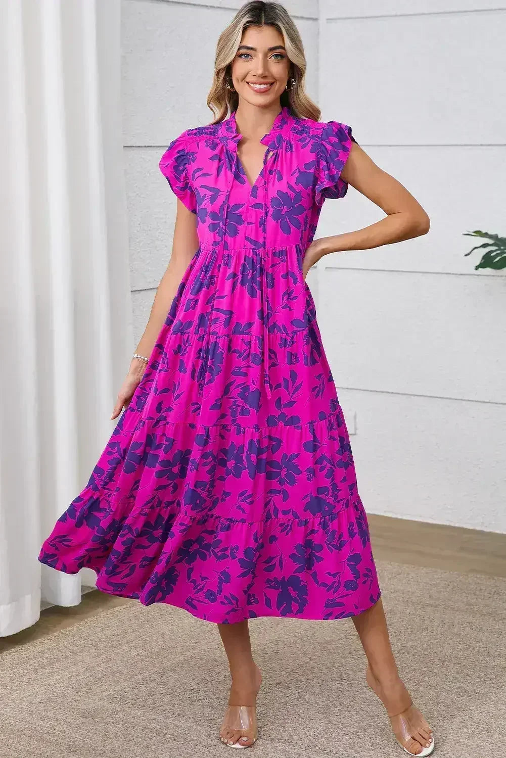 Rose Floral Print Tiered Flutter Sleeve Maxi Dress