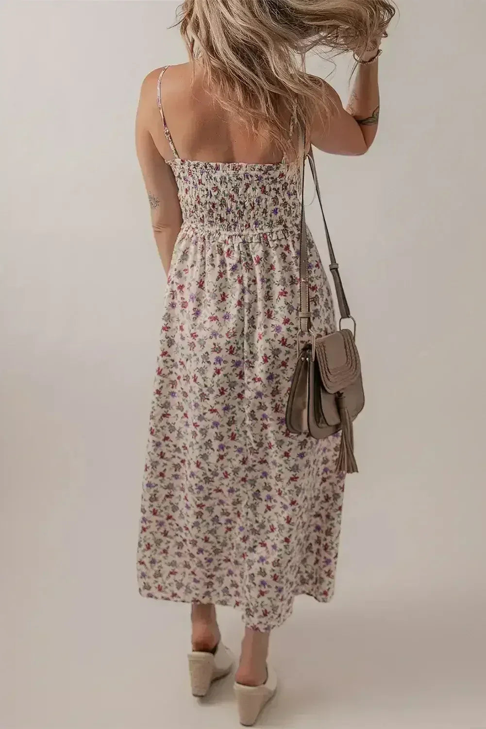 Multicolour Boho Floral Print Spaghetti Strap Flare Midi Dress