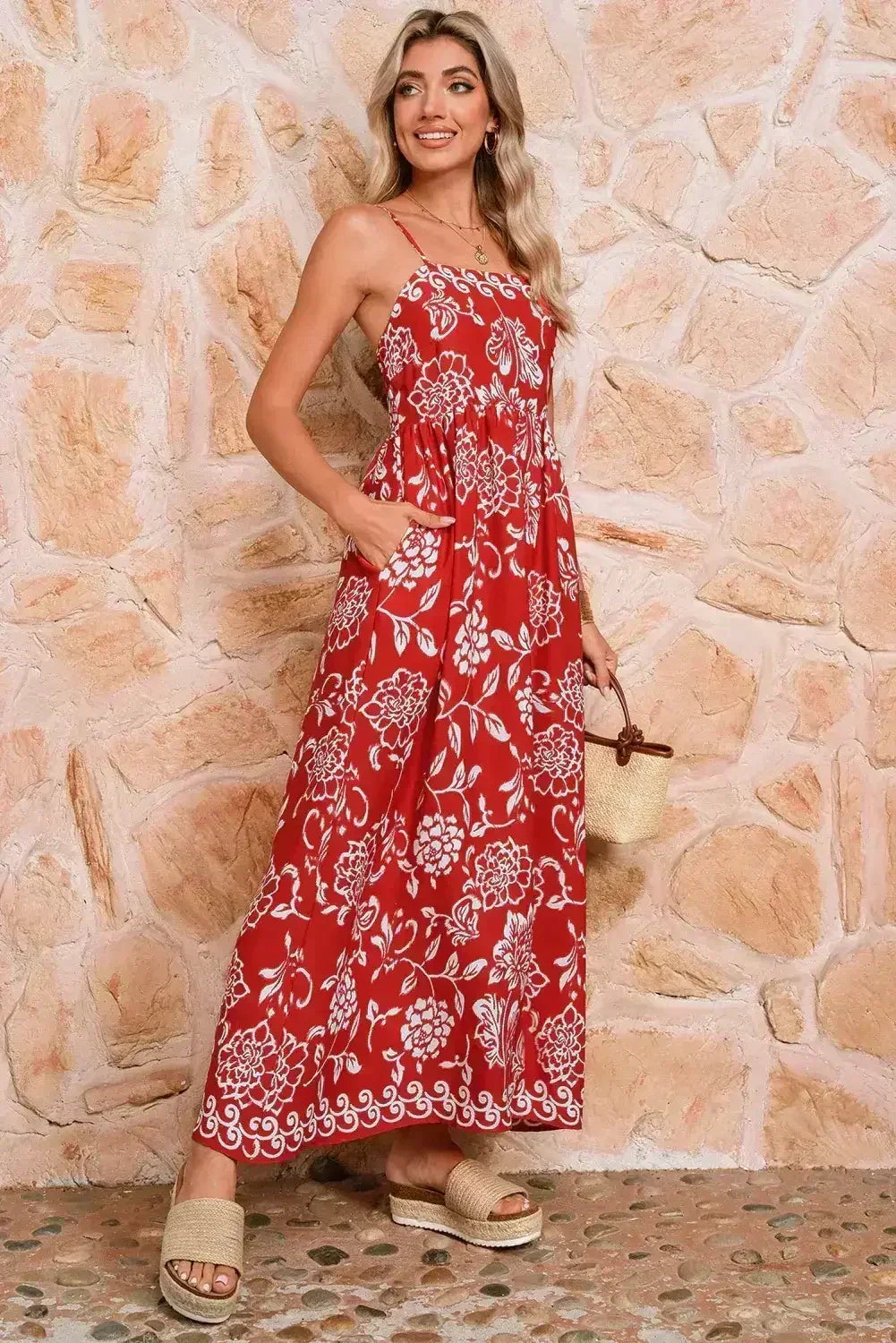 Red Floral Print Spaghetti Strap Empire Waist Maxi Dress