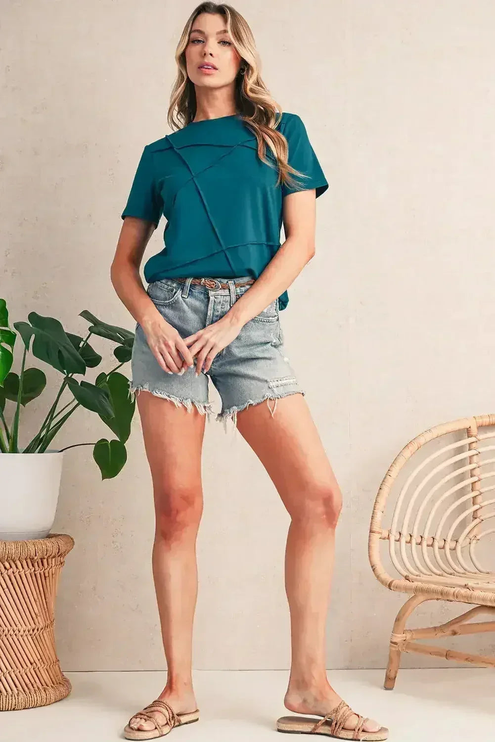 Dirty Blue Solid Color Round Neck T Shirt