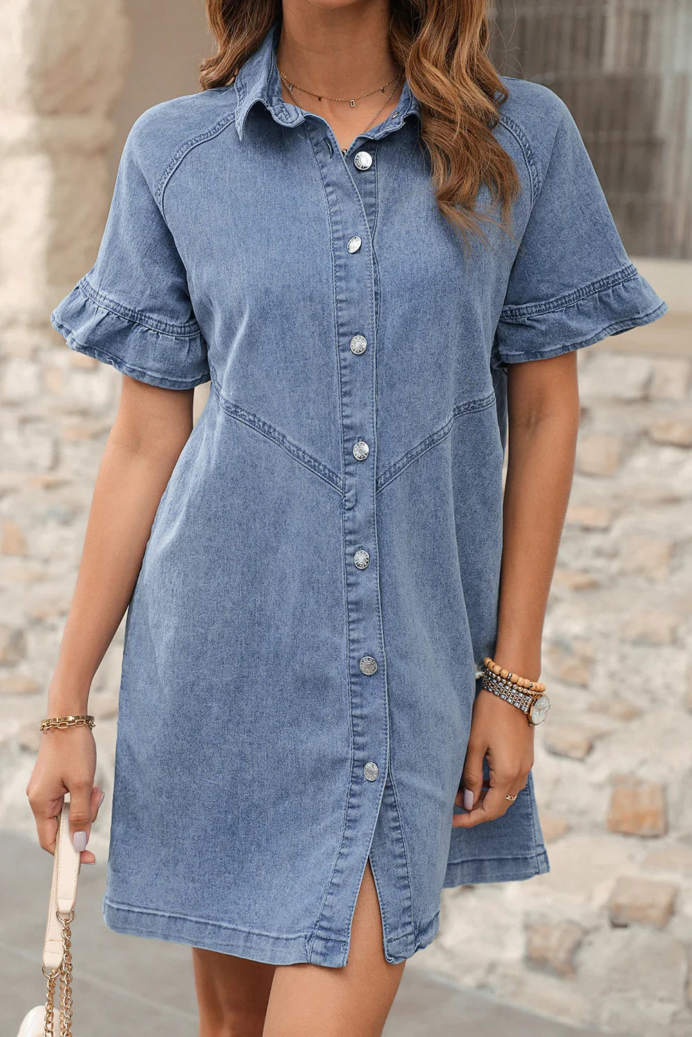 Dark Blue Short Sleeve Button Up Loose Denim Shirt Dress