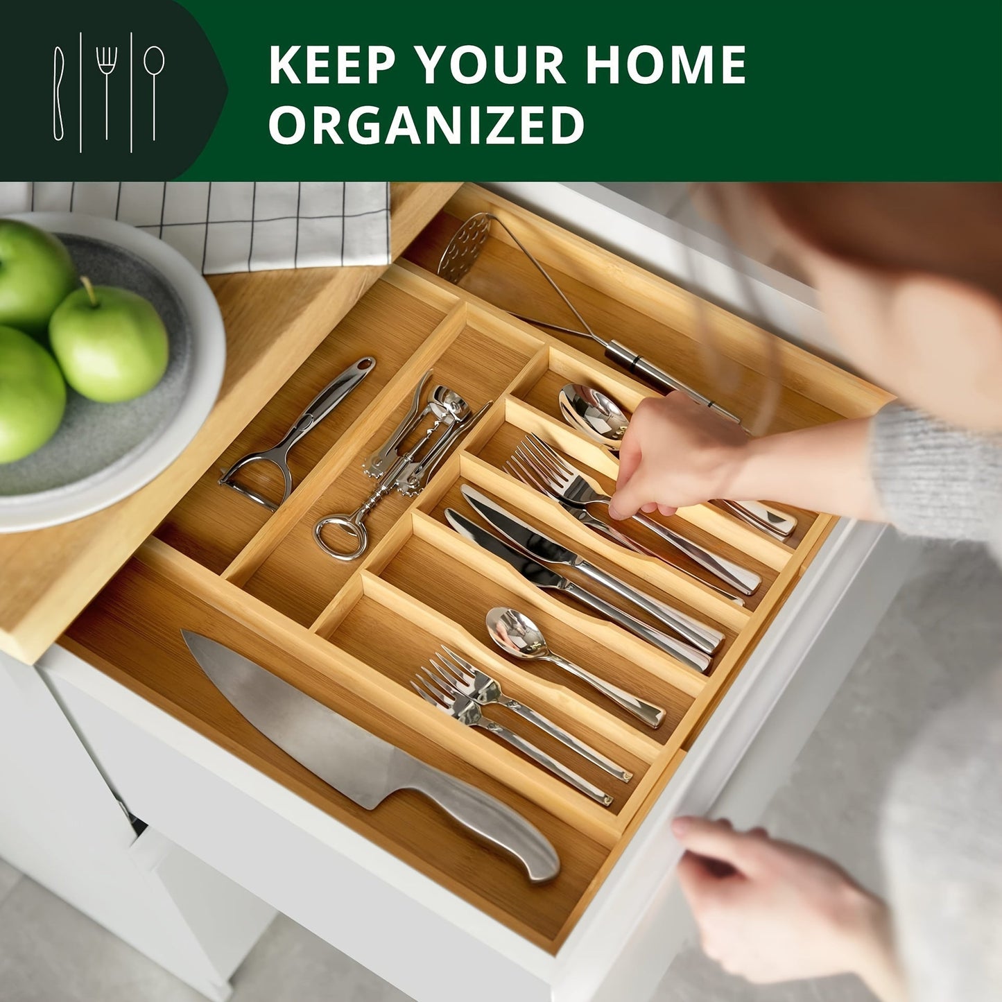 Bamboo Silverware Organizer - Expandable Kitchen Drawer and Cutlery | Silverware | Kitchen + Metal