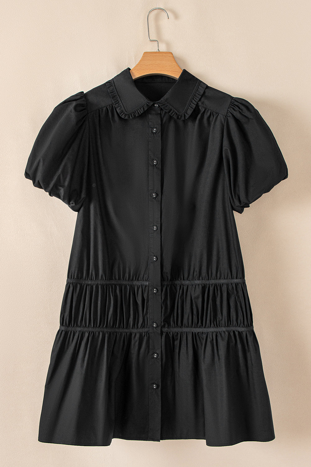 Black Button Down Puff Sleeve Ruched Ruffle Hem Dress