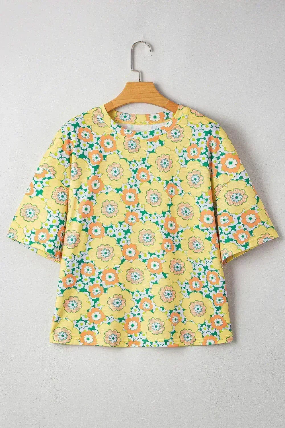 Yellow Summer Flower Print Drop Shoulder Loose T Shirt