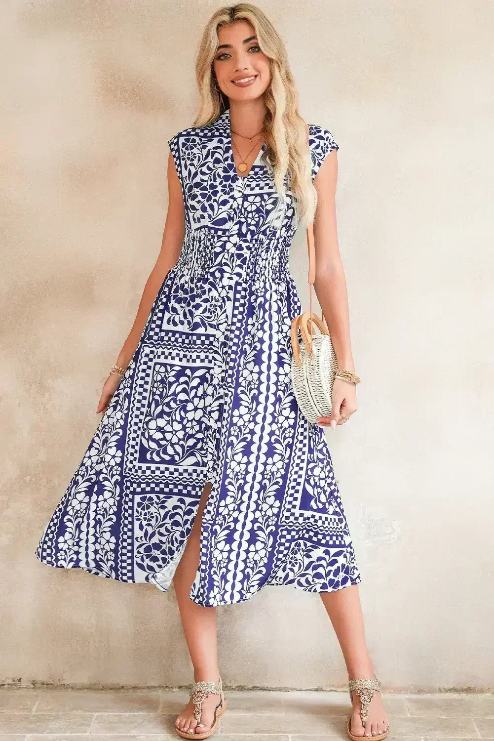 Dirty Blue Floral Print Smocked Waist Sleeveless Dress