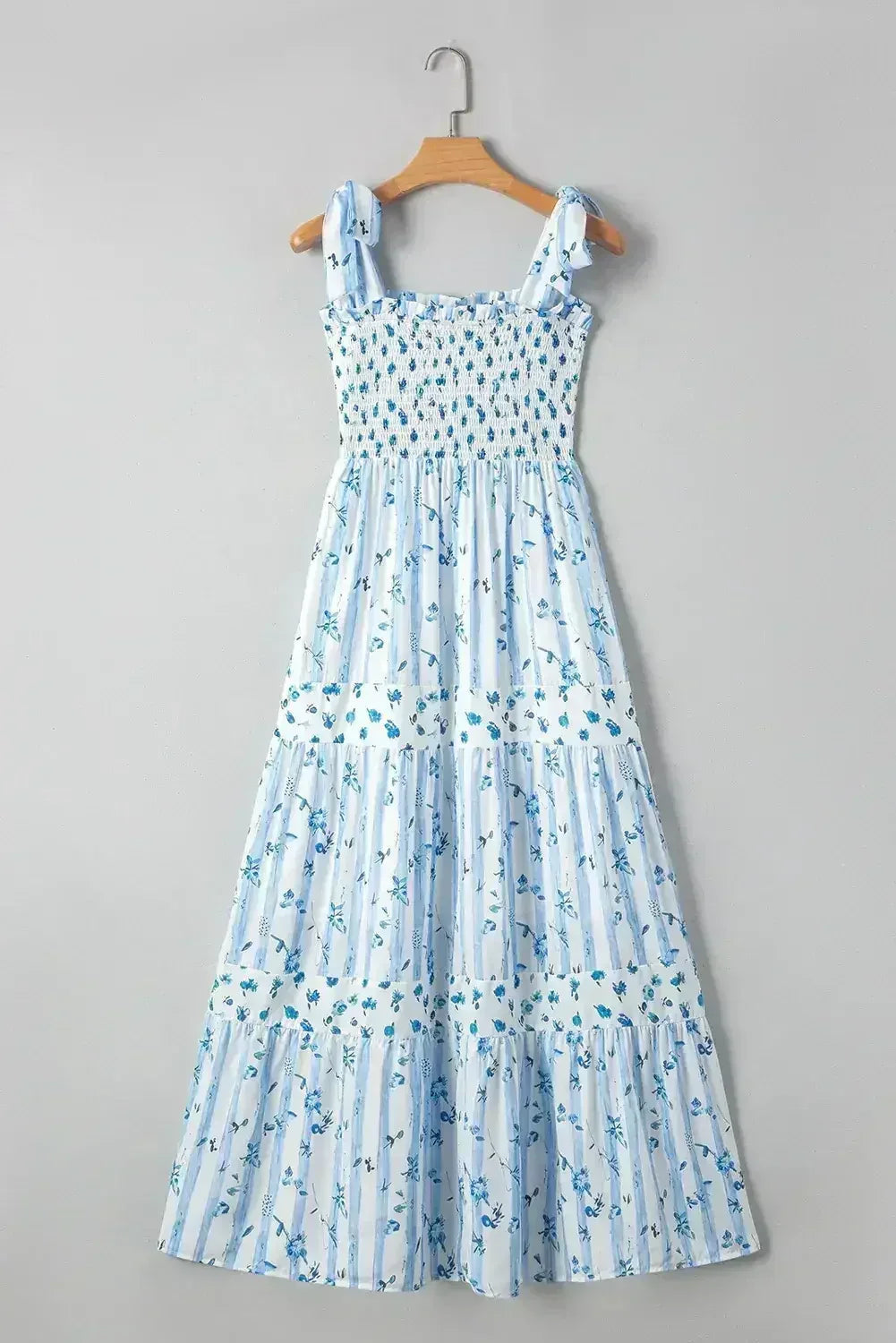 Sky Blue Floral Smocked A-Line Tie Straps Maxi Dress