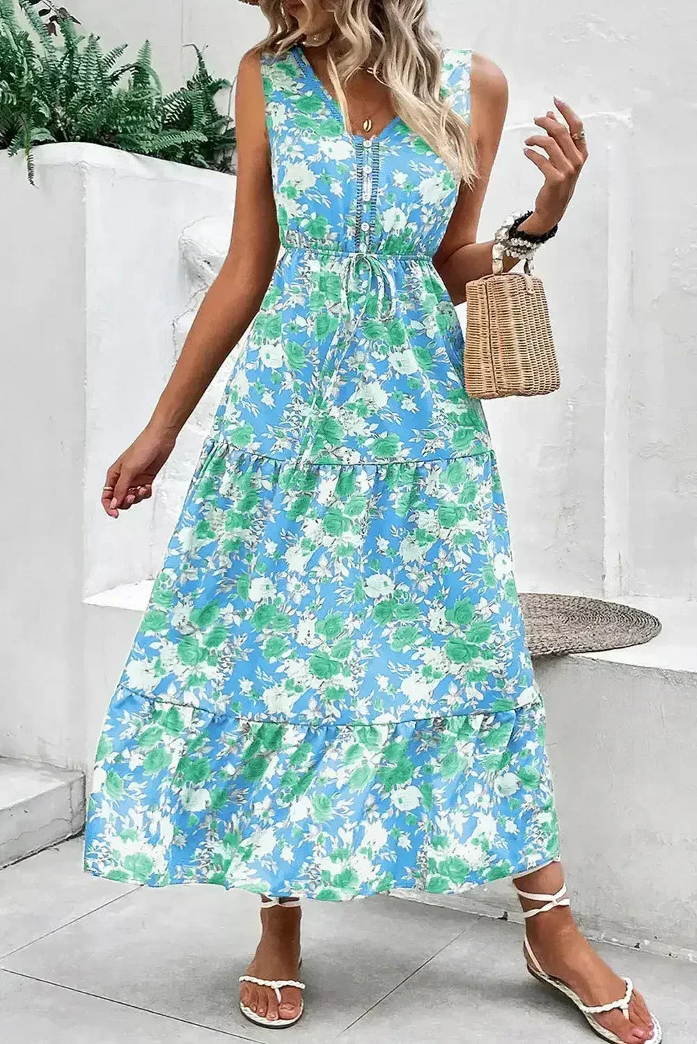 Green Floral Print Trimmed V Neck Sleeveless Vacation Dress