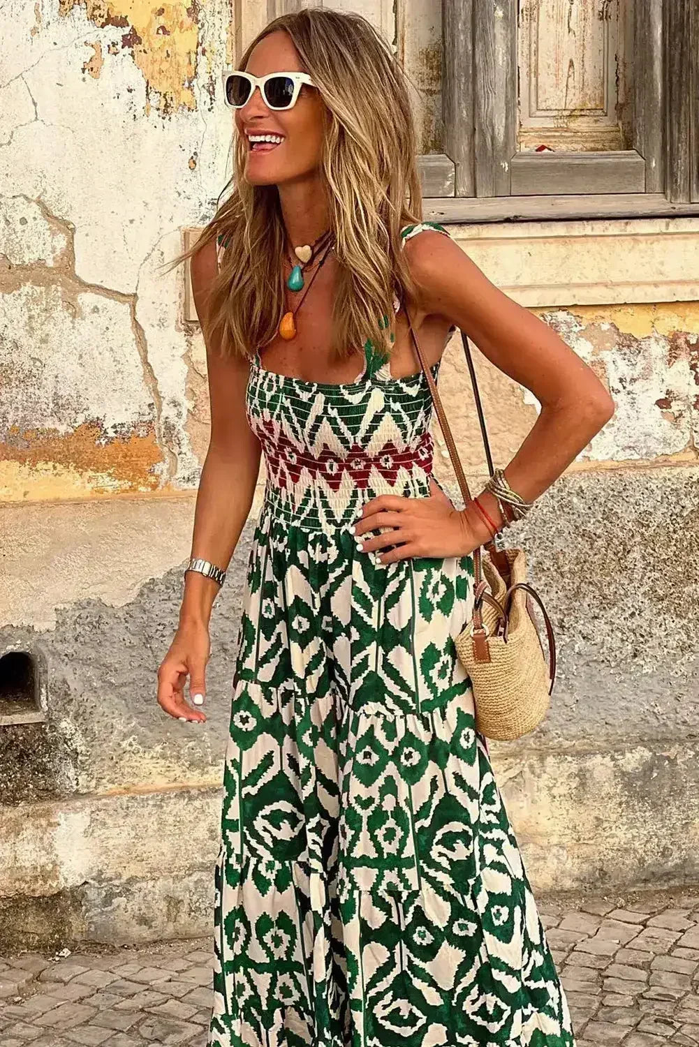 Green Boho Shirred A line Sleeveless Maxi Dress