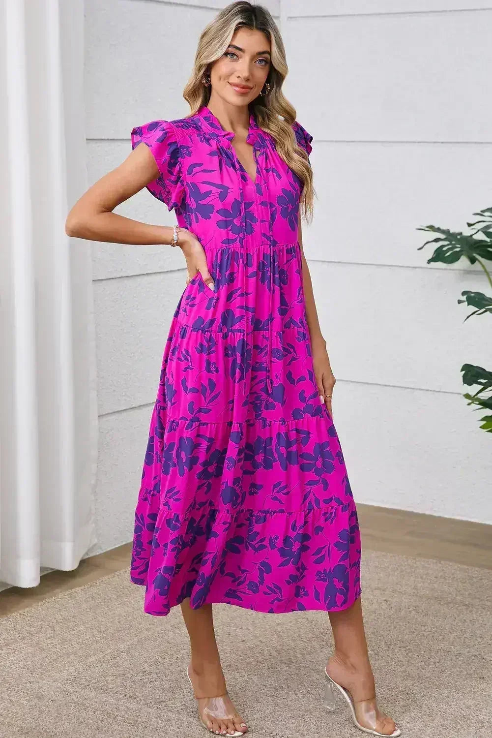 Rose Floral Print Tiered Flutter Sleeve Maxi Dress
