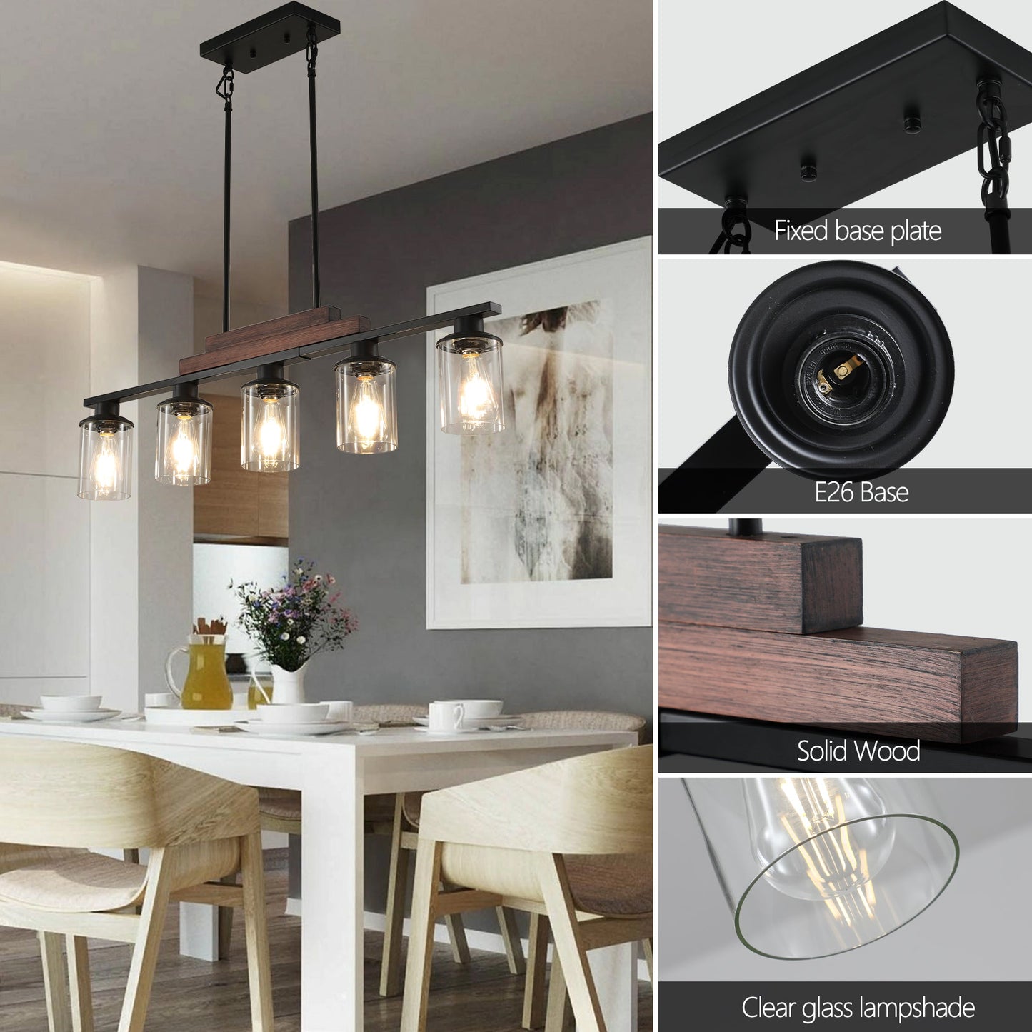 Farmhouse Industrial 5-Light Kitchen Island Pendant Light, Metal Wood