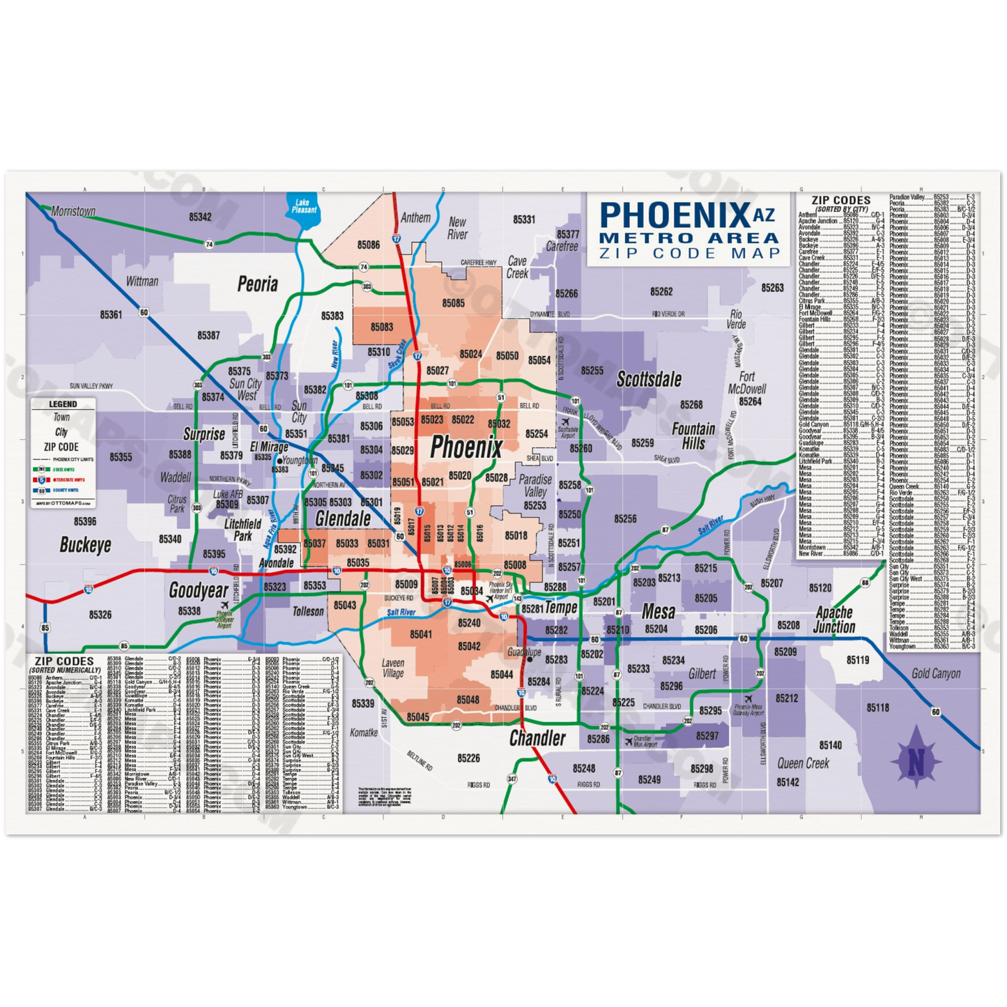 Phoenix Metro Area Zip Code Map - Cities Colored - POSTER PRINTS
