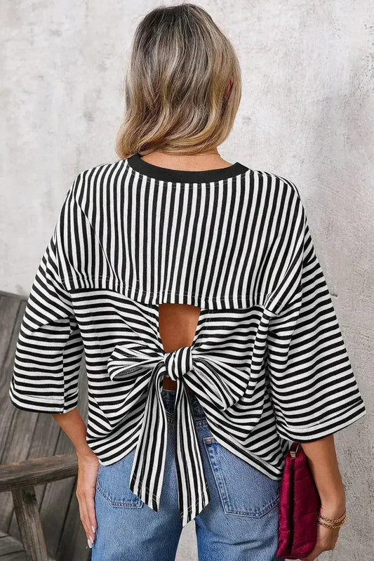 Black Stripe Bowknot Backless T-Shirt