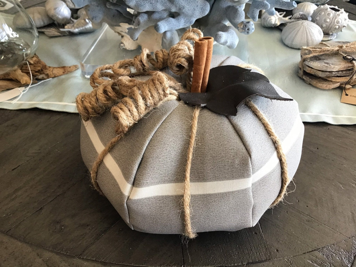 Farmhouse Grey Stripe Fabric Pumpkin-Large