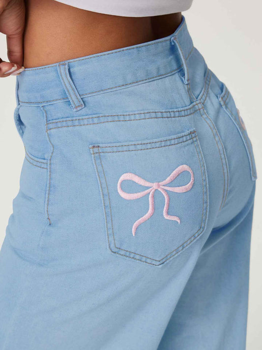 Embroidered Wide Leg Jeans with Bow Back for Women