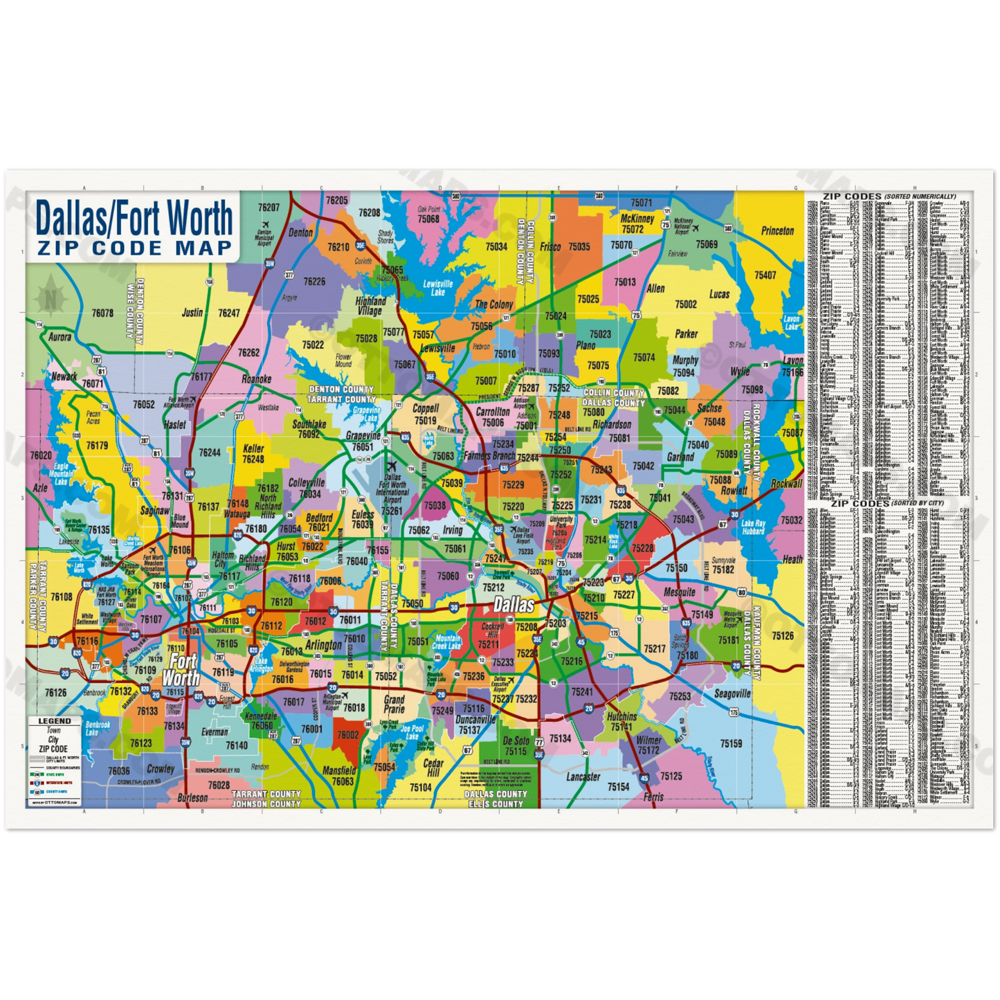 Dallas Fort Worth Zip Code Map - Zip Codes Colorized - POSTER PRINTS