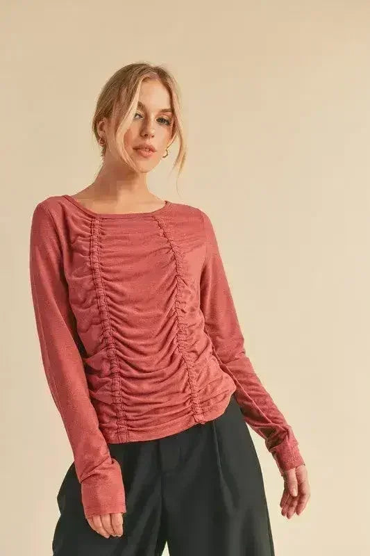 Ruched Front Long Sleeve T-Shirt - Slimming Top | Femstylo