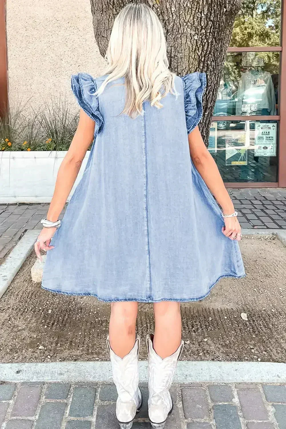 Beau Blue Ruffle Sleeve Button Down A-line Mini Denim Dress