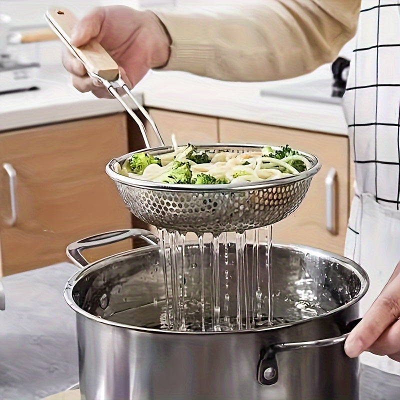 Stainless Steel Colander with Wooden Handle Essential Kitchen Skimmer