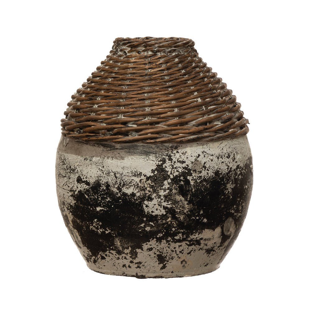 Hand-Woven Rattan & Clay Vase, Distressed