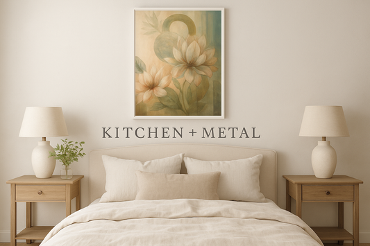 Floral Wall Art in Kitchen + Metal Bedroom Setting