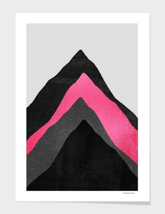 Art print of abstract mountain shapes in black and pink on a gray background
