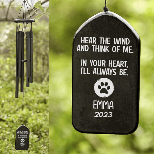 Custom Memorial Gift - Hear The Wind And Think Of Me - Personalized Wind Chimes | Sympathy, Bereavement, Condolence Gift for Pet Loss, Dog & Cat Lover