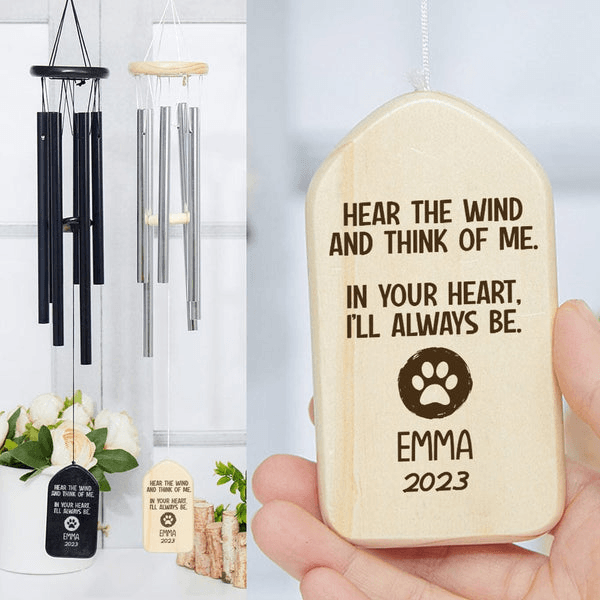 Custom Memorial Gift - Hear The Wind And Think Of Me - Personalized Wind Chimes | Sympathy, Bereavement, Condolence Gift for Pet Loss, Dog & Cat Lover