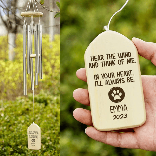Custom Memorial Gift - Hear The Wind And Think Of Me - Personalized Wind Chimes | Sympathy, Bereavement, Condolence Gift for Pet Loss, Dog & Cat Lover