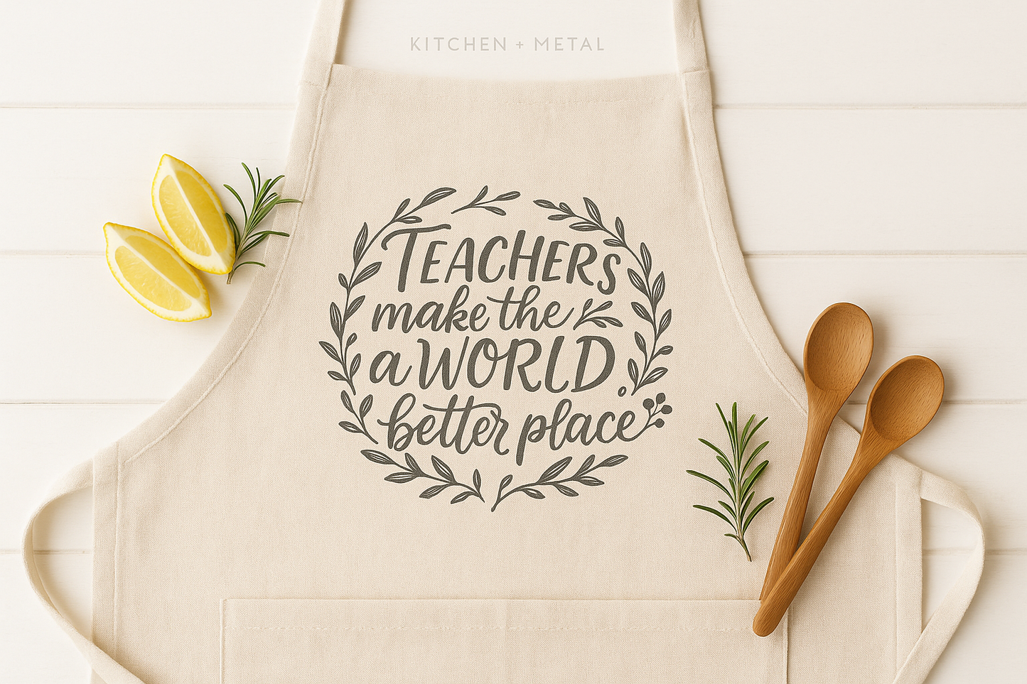 Generated Kitchen + Metal branded teacher apron