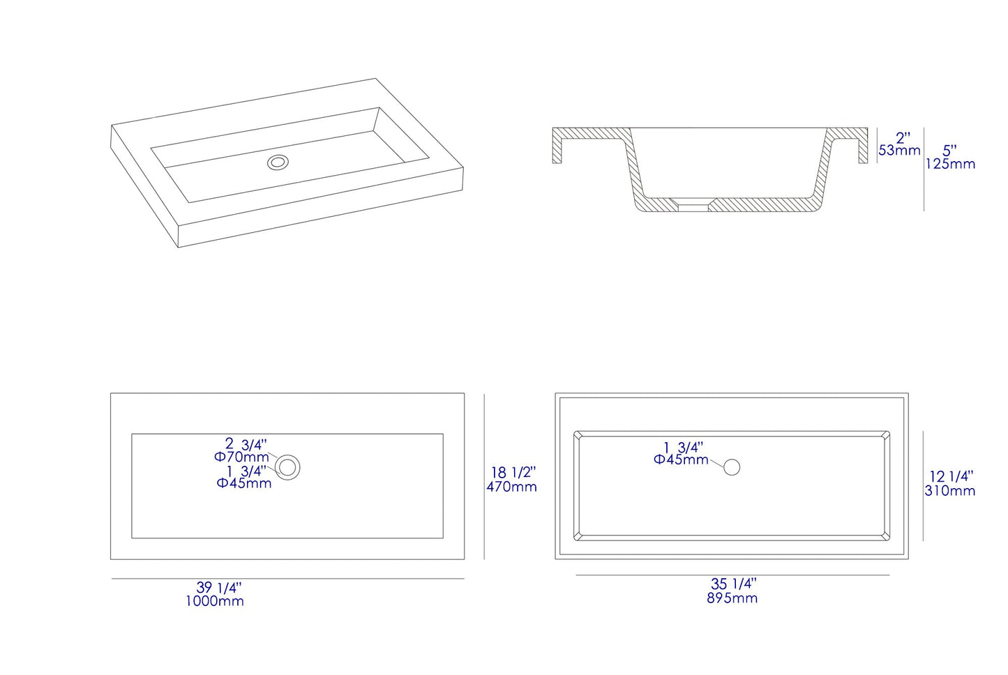 ALFI brand ABCO40TR 40" Solid Concrete Gray Matte Trough Sink for the Bathroom