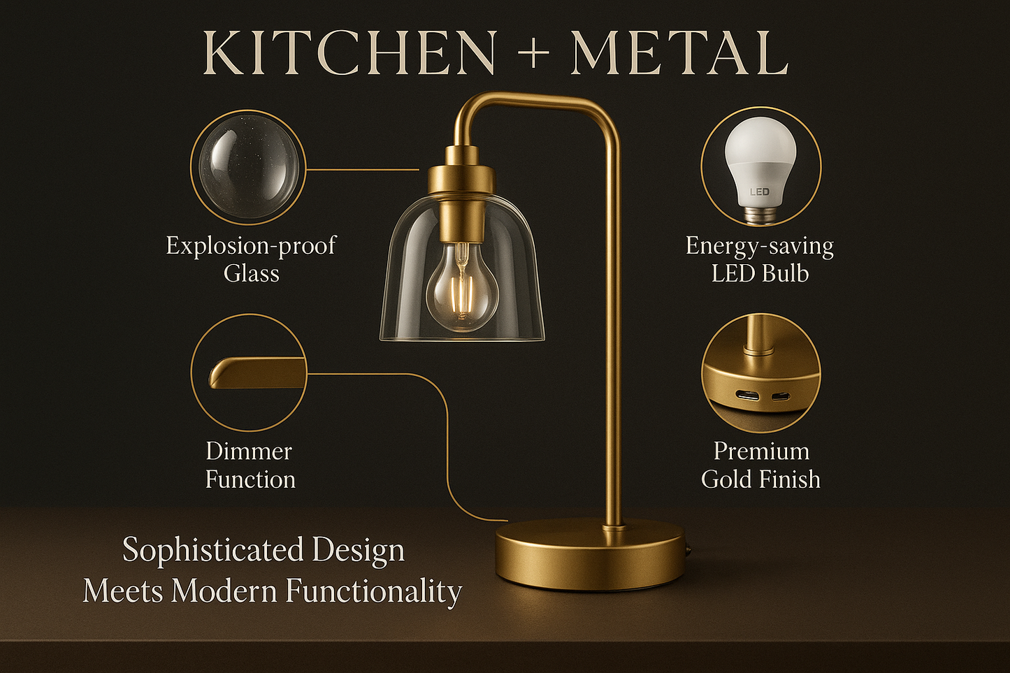 Gold desk lamp with clear glass shade displayed with Kitchen + Metal branding and circular callouts highlighting key features: Explosion-proof Glass, Energy-saving LED Bulb, USB-C & USB Charging, Dimmer Function, and Premium Gold Finish