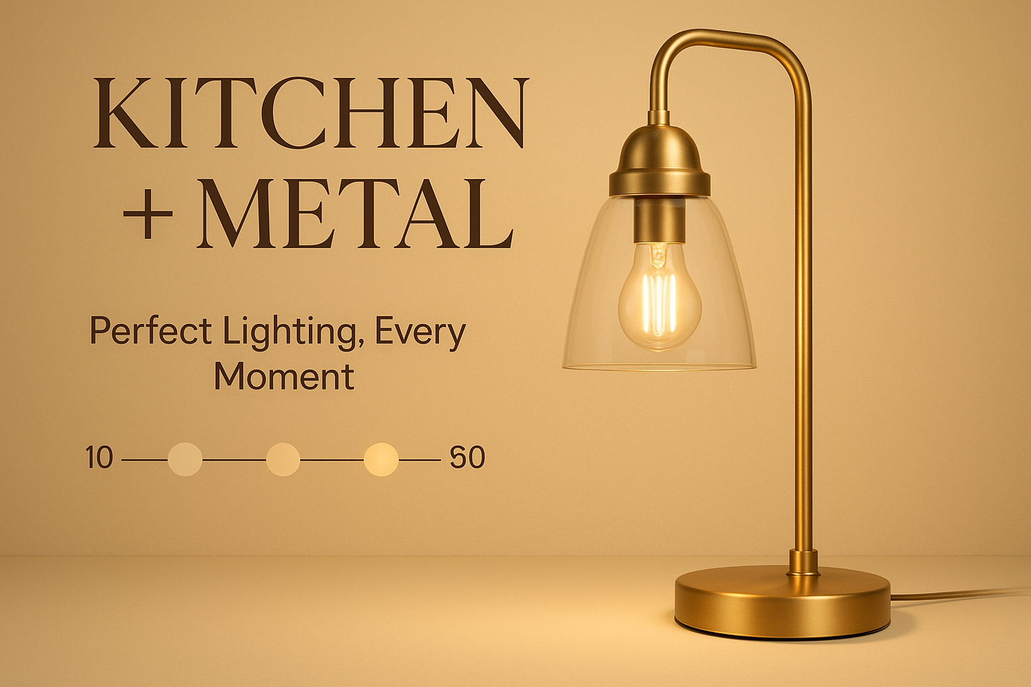 Gold desk lamp with clear glass shade showing three brightness settings with Kitchen + Metal branding in the background, featuring text "Perfect Lighting, Every Moment" and a brightness adjustment scale