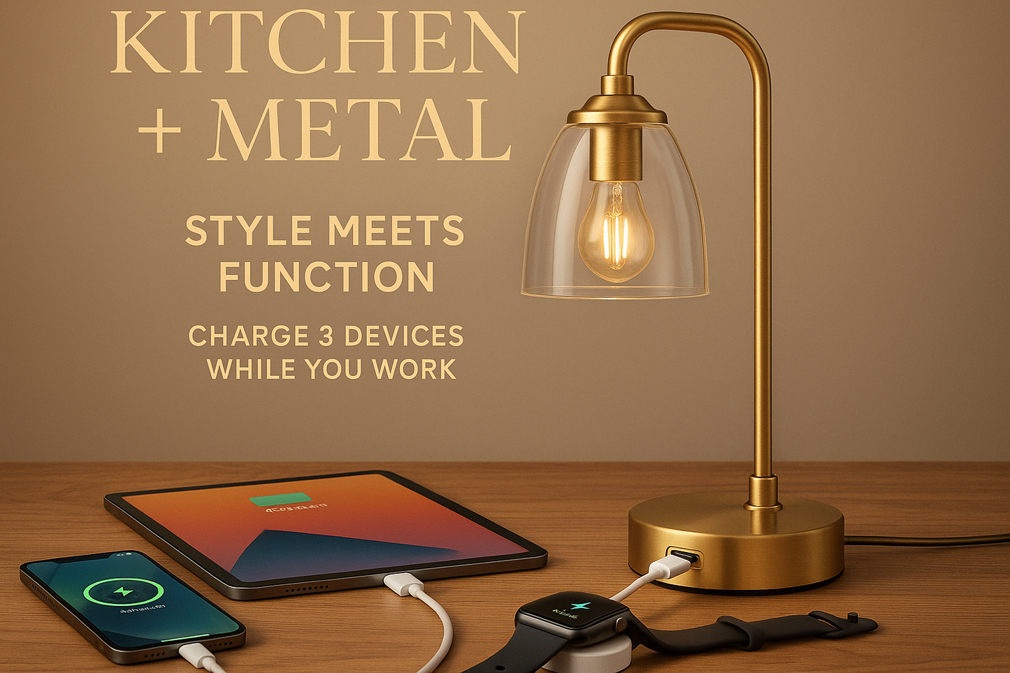 Gold desk lamp with clear glass shade showing USB charging ports with devices connected, featuring Kitchen + Metal branding and text "Style Meets Function" and "Charge 3 Devices While You Work"