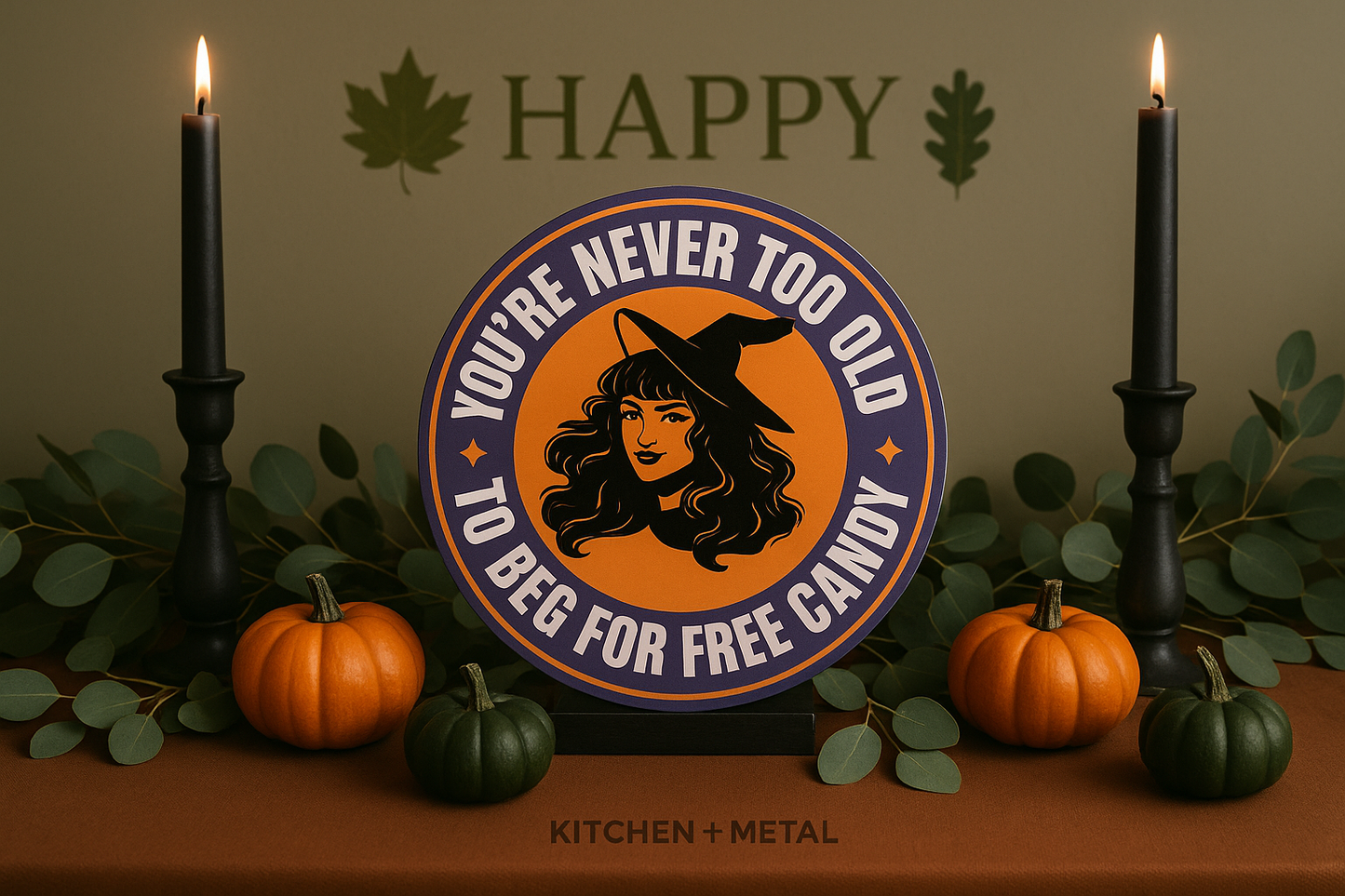 Halloween Witch Sign in Elegant Mantel Display with Happy Brand Colors