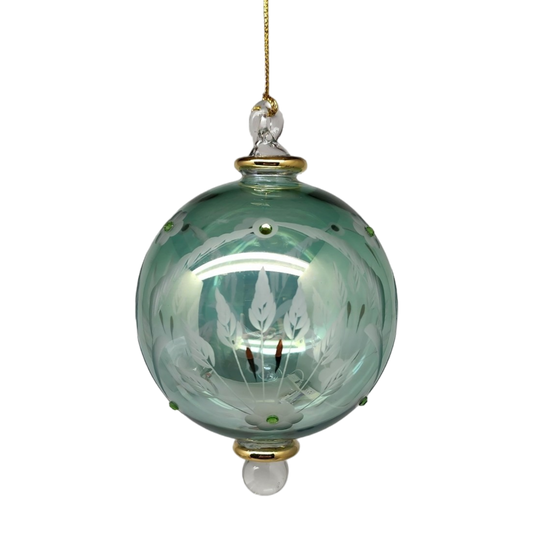 Etched Blown Glass Ball with Crystal Accents - Green
