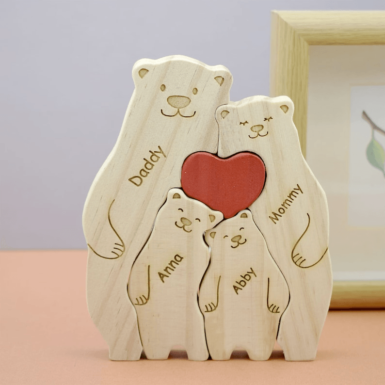 Family Wooden Hug Bears Puzzle - Gift for Family Members, Parent, Grandparent, Mom and Dad, Grandma & Grandpa, Mother's Day, Father's Day