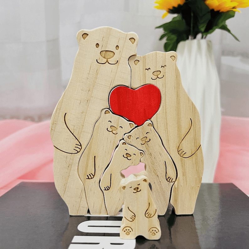 Family Wooden Hug Bears Puzzle - Gift for Family Members, Parent, Grandparent, Mom and Dad, Grandma & Grandpa, Mother's Day, Father's Day