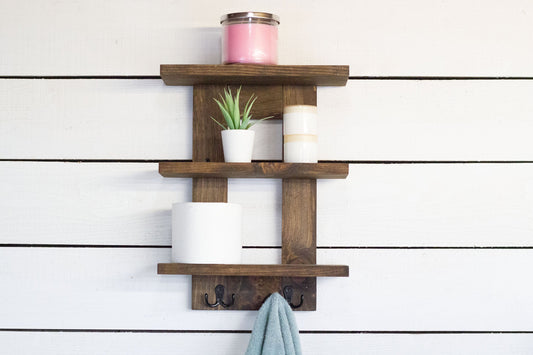 Wall Mounted Bathroom Shelf with 3 Shelves and 2 Double Towel Hooks
