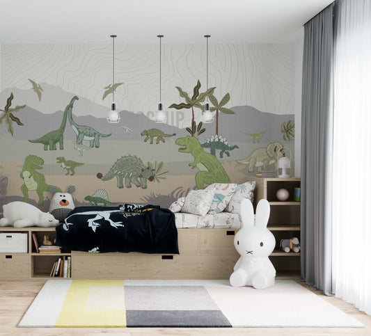 Children's room with dinosaur wallpaper and decorative items.