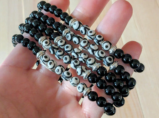 Tibetan Triple Eye Dzi & Black Onyx Stretch Bracelets
