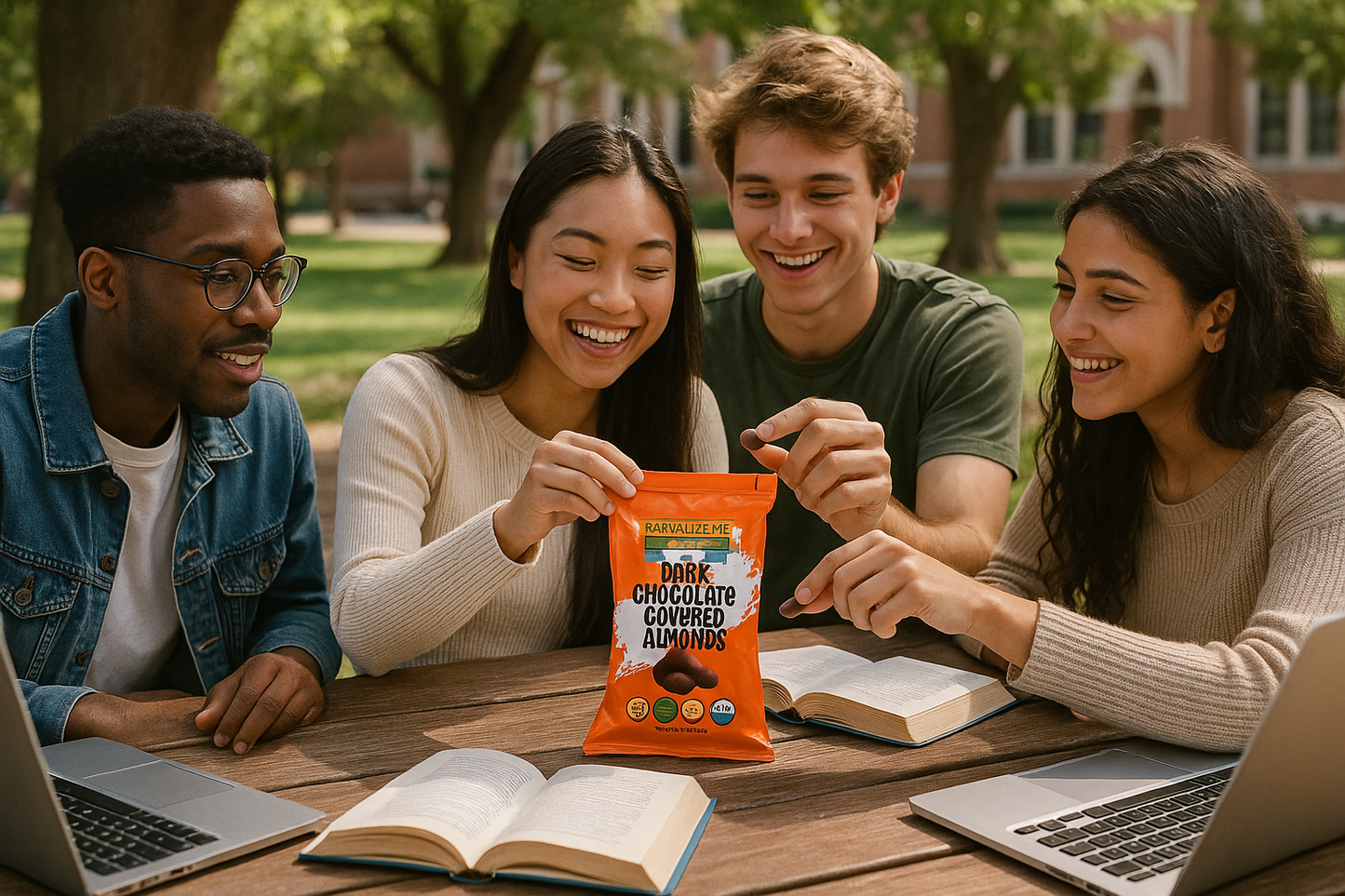 dark covered chocolate at an outdoor study table