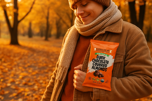 dark covered chocolate almonds while on fall walk