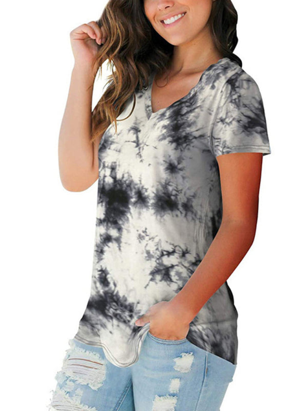 Tie Dye V-Neck Short Sleeve T-Shirt Polyester Women's Pullover